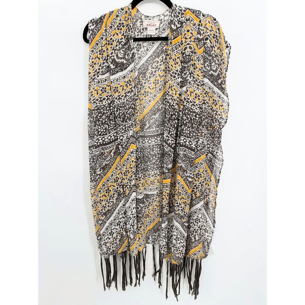 ARIAT White Brown Yellow Geometric Fringe Open Cardigan One Size